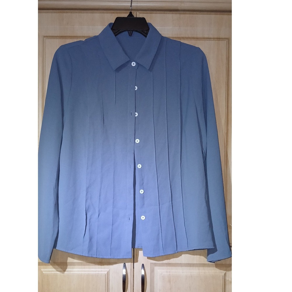 Shein Womens Dusty Blue Pleated Button Down Long Sleeve Blouse Size XL 12